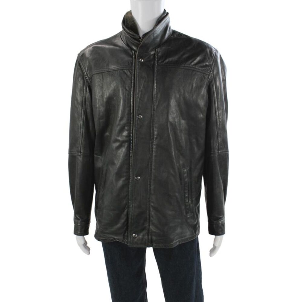Remy Leather Mens Bomber Jacket Black Leather Snap Closure Size 40